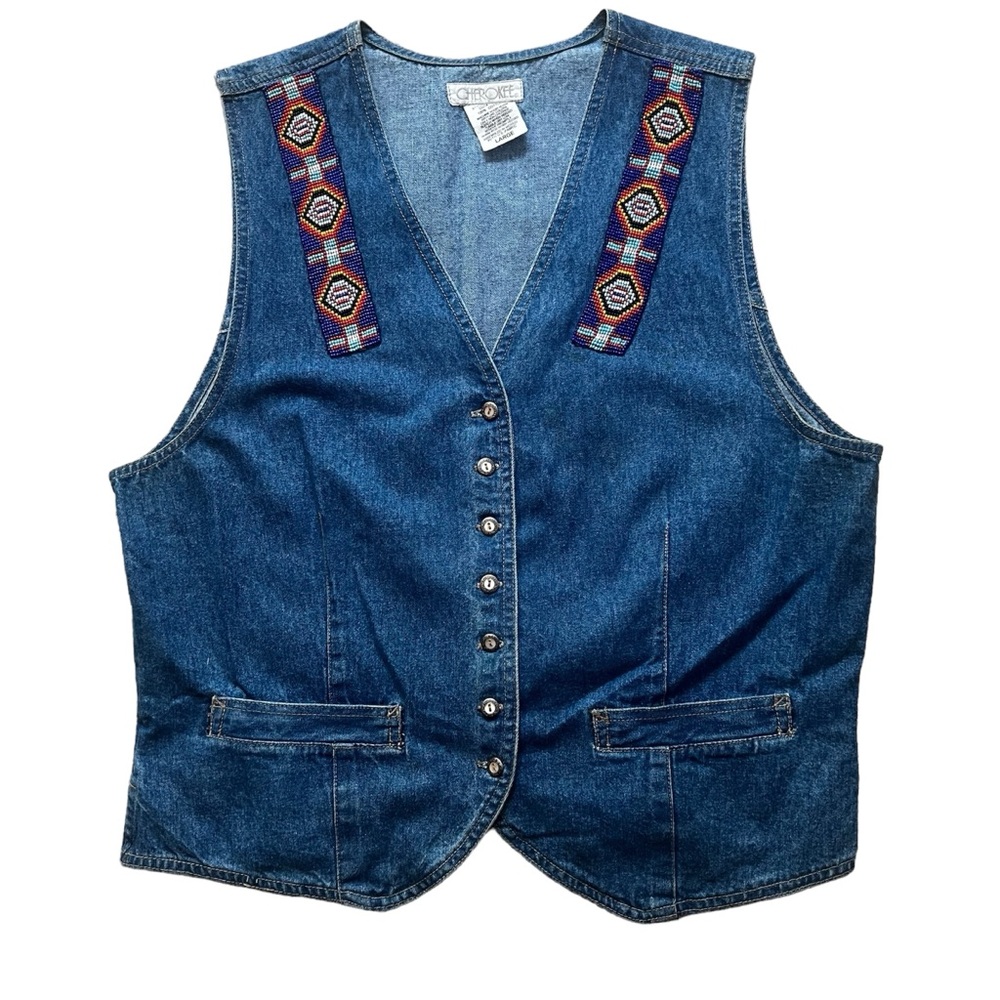 Cherokee Vintage Aztec Beaded Jean Vest Women’s Large with Button Closure